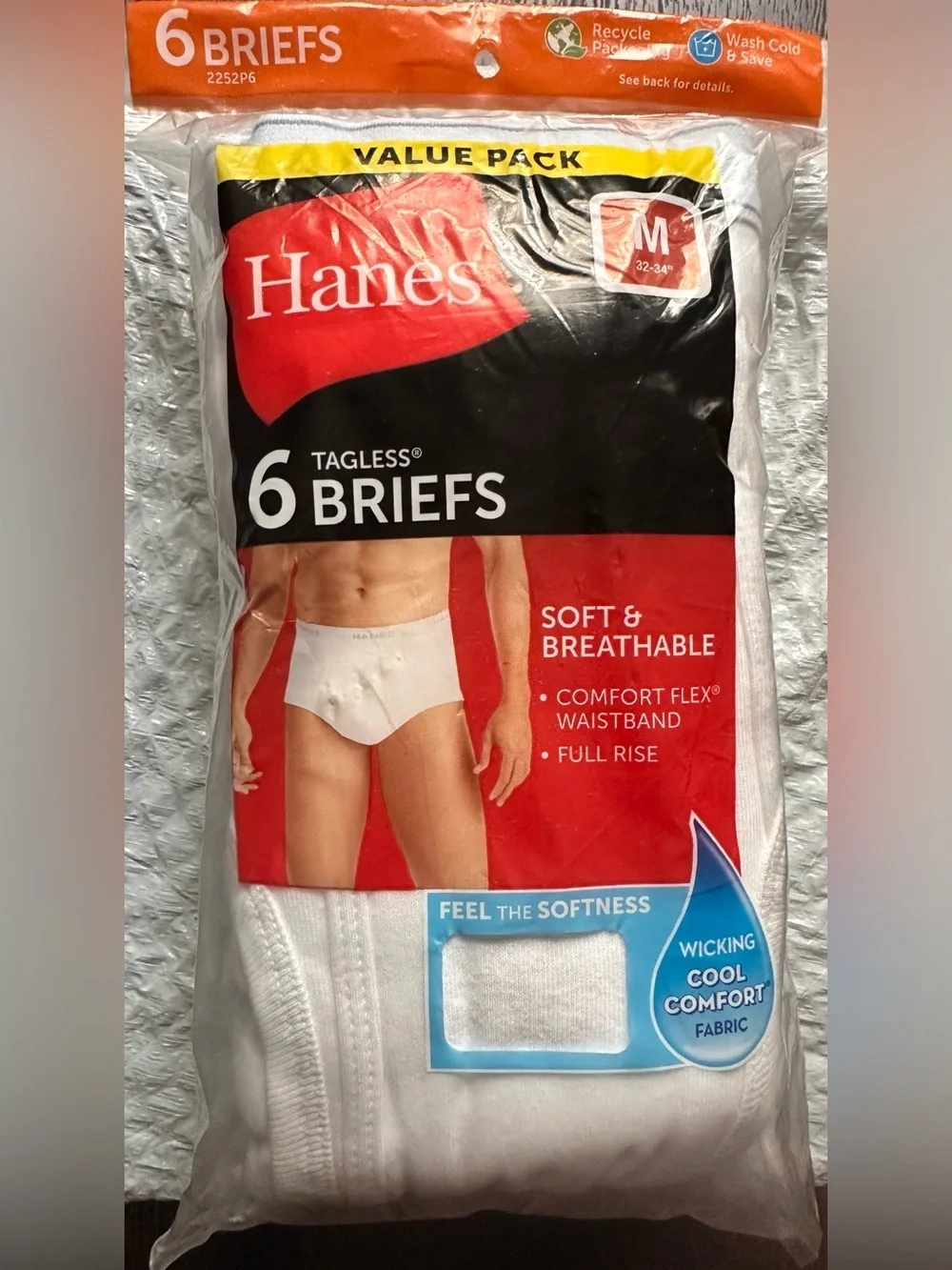Hanes Men’s Tagless Briefs 6-Pack White Medium 100% Cotton New